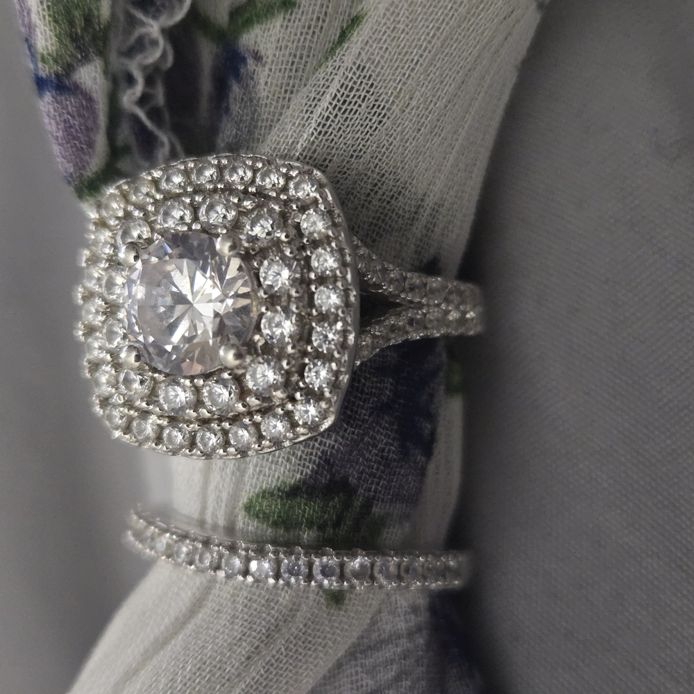 Silver Double Halo Diamond Ring Set